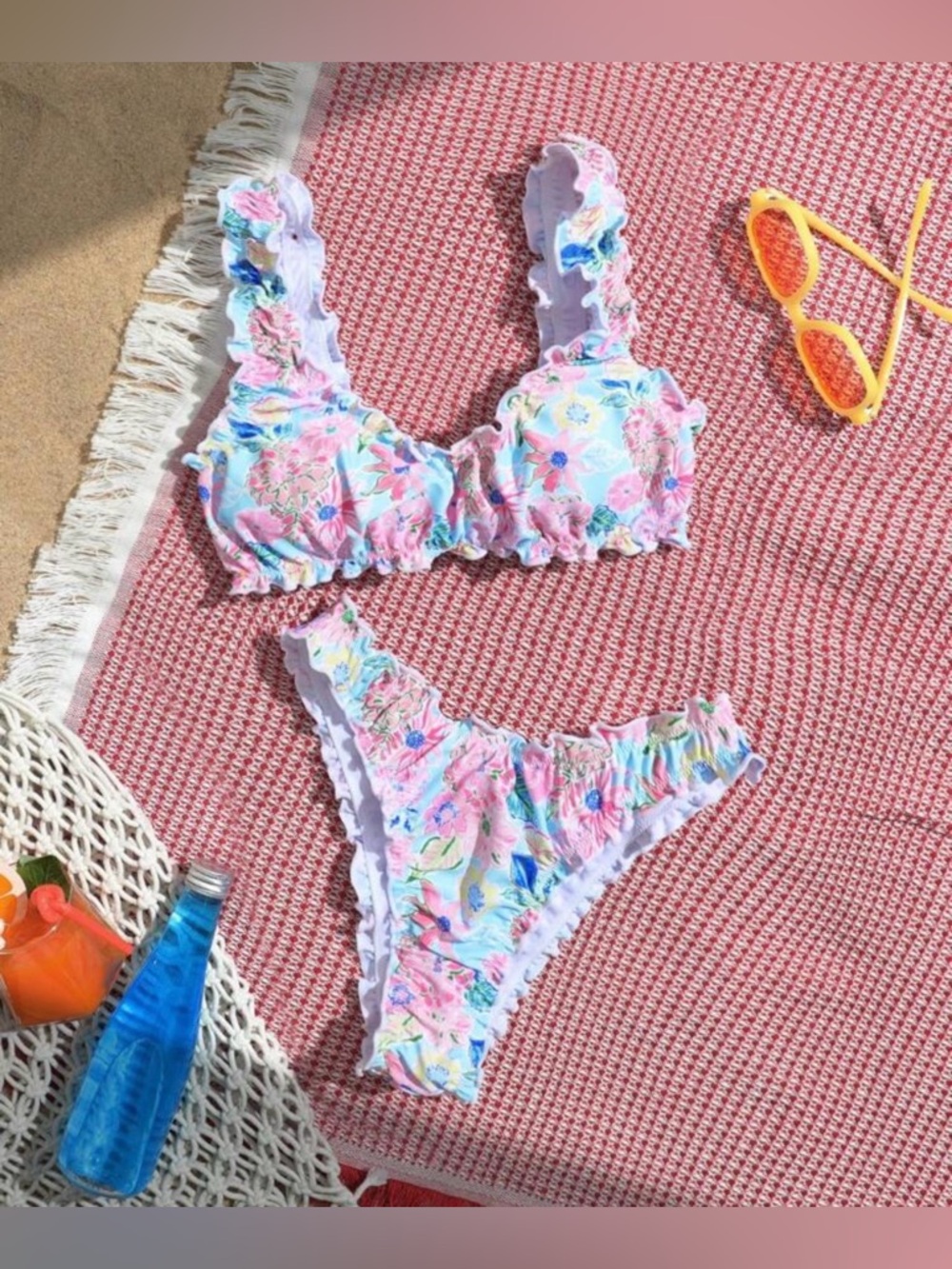 Floral Ruffled Bikini Set — Pink & Light Blue